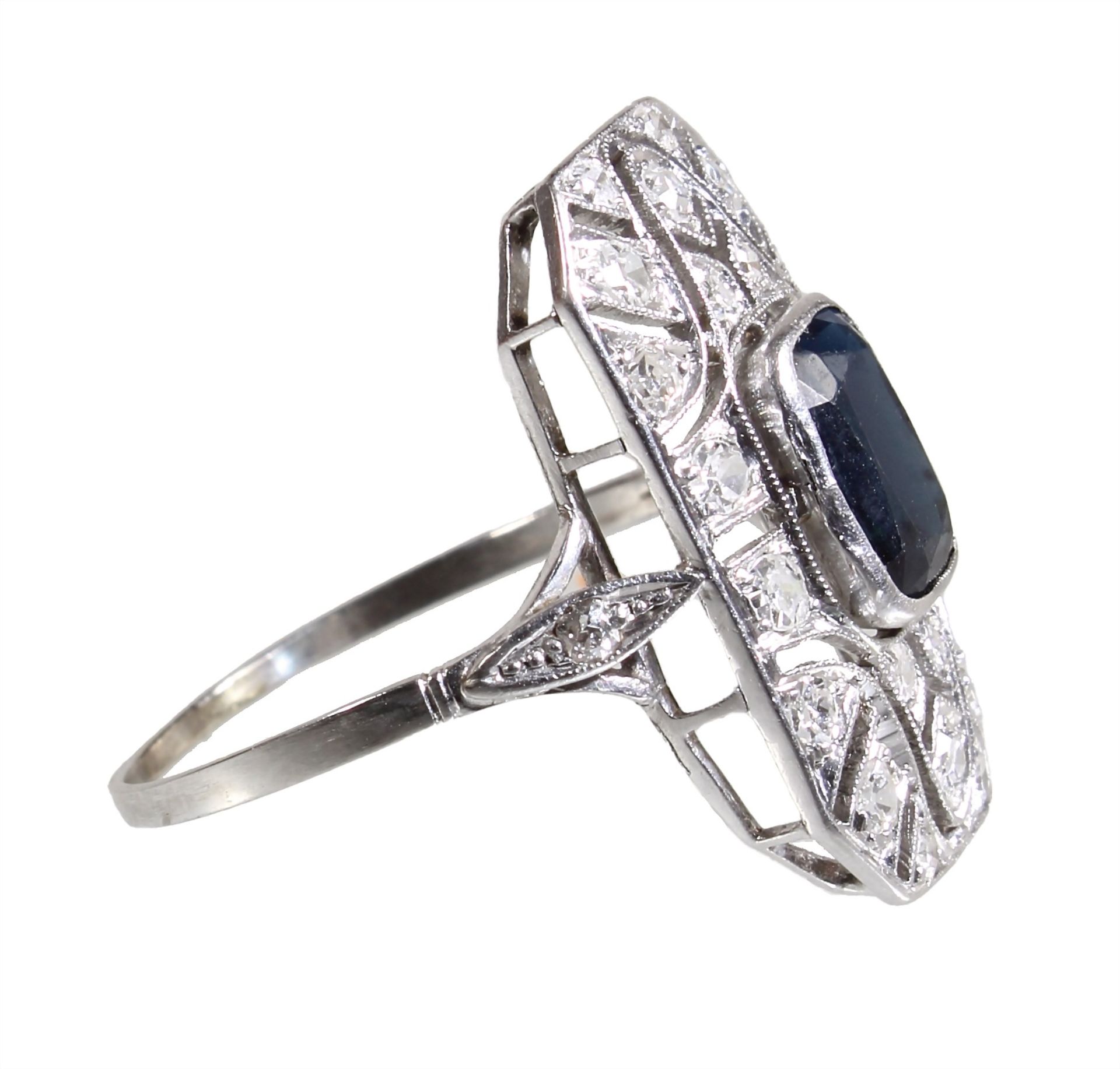 ring, American ART-DECO 1940s, white gold 585/000 (tested), central sapphire c. 1.3 ct, 24 ... - Image 2 of 2