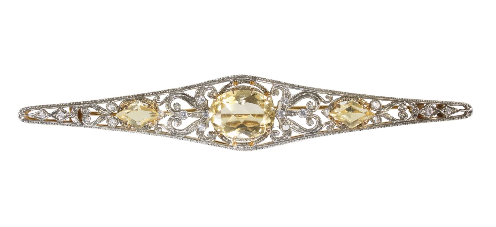 decorative pin/brooch, yellow gold 750/000, central citrine (faceted) c. 7,0 ct, to the side 2 ...