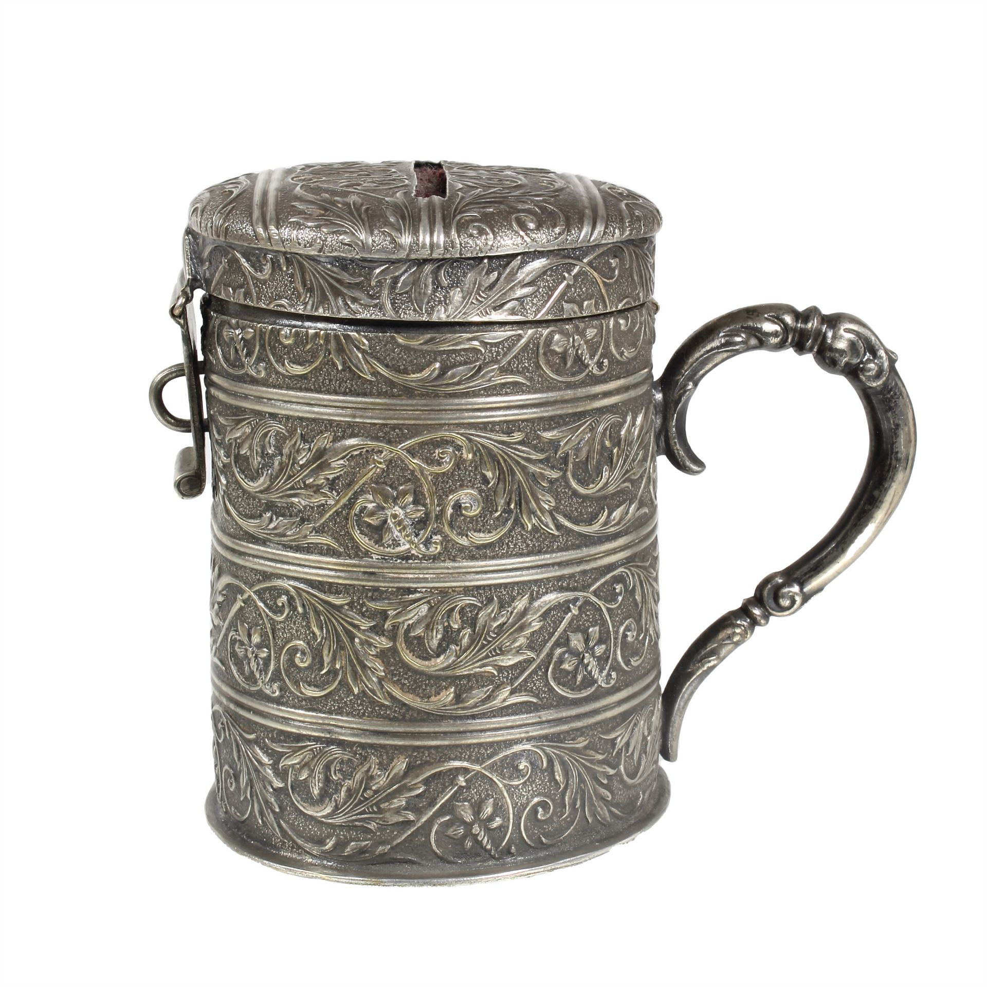 money box with handles around 1900, silver (tested), all round floral ornament, diameter  = ... - Image 2 of 3