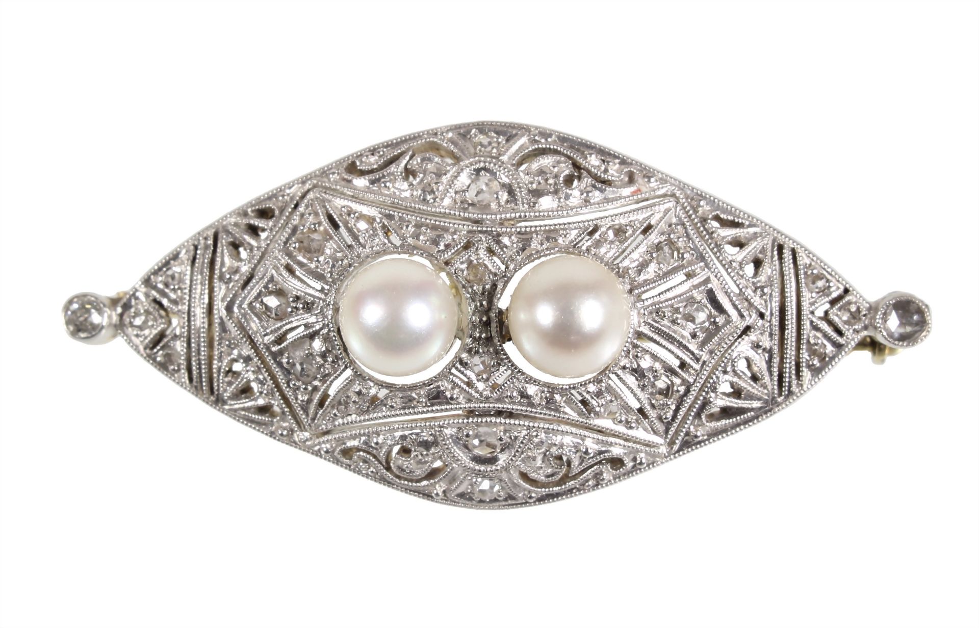 brooch, ART-DECO 1930/'40s, yellow gold 585/000, 2 central Akoya pearls (diameter  = 5.6 mm), ...