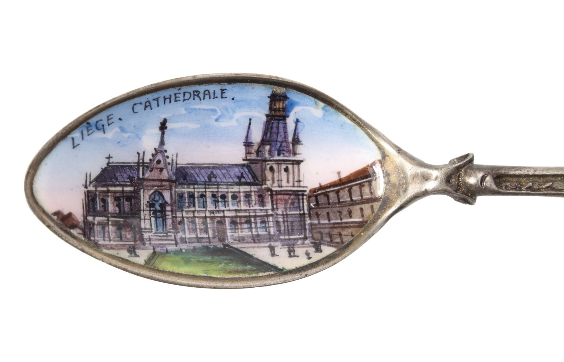 mocha spoon, Vienna around 1900, silver, signed, G.A.S. (Anton Scheid), enamel picture: LIEGE ... - Image 3 of 3