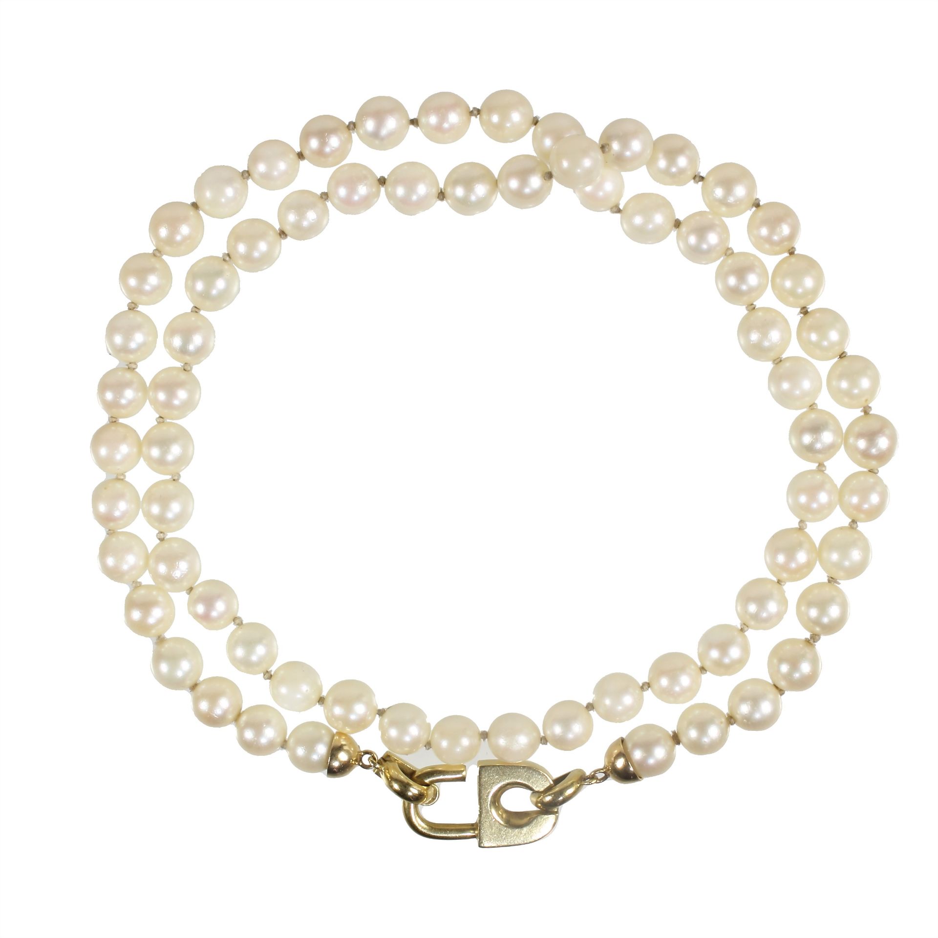 Akoja-Perlenkette, GG 750/000, Schließe in Form eines Vorhängeschlosses, Perlen D = 7,0-7,2 ...