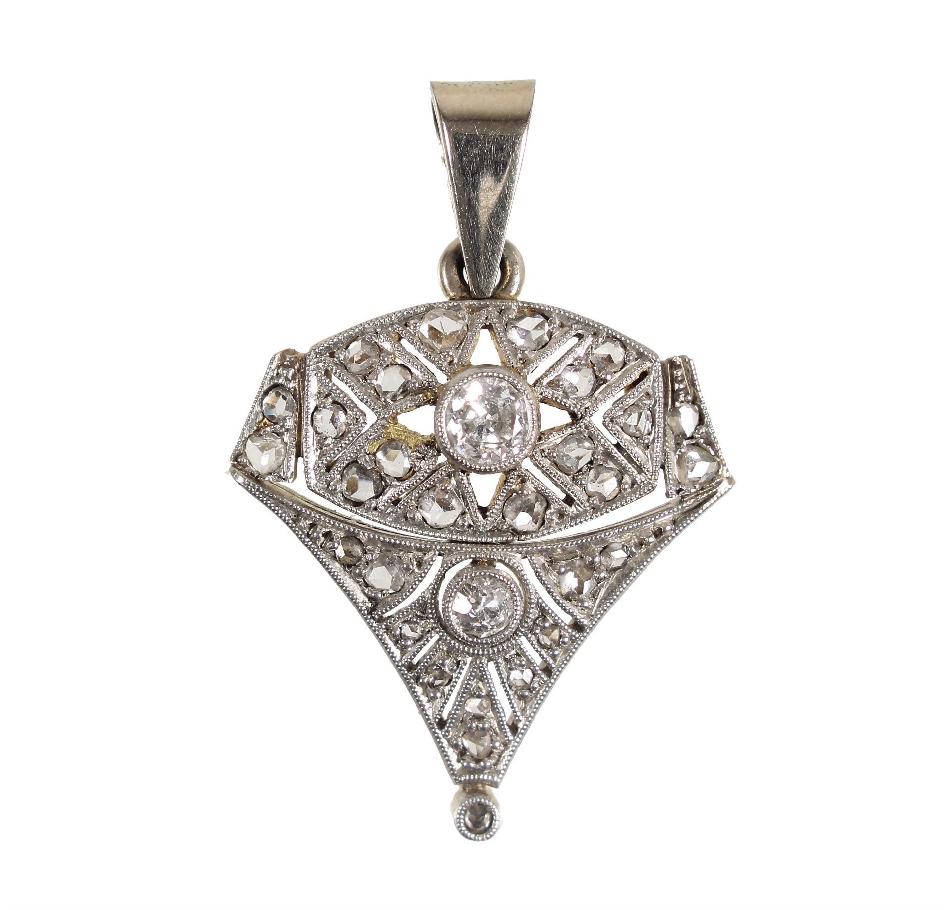 pendant, ART-DECO 1920/'30s, yellow gold 585/000 (tested), 2 central old cut-diamonds c. 0.20 ...