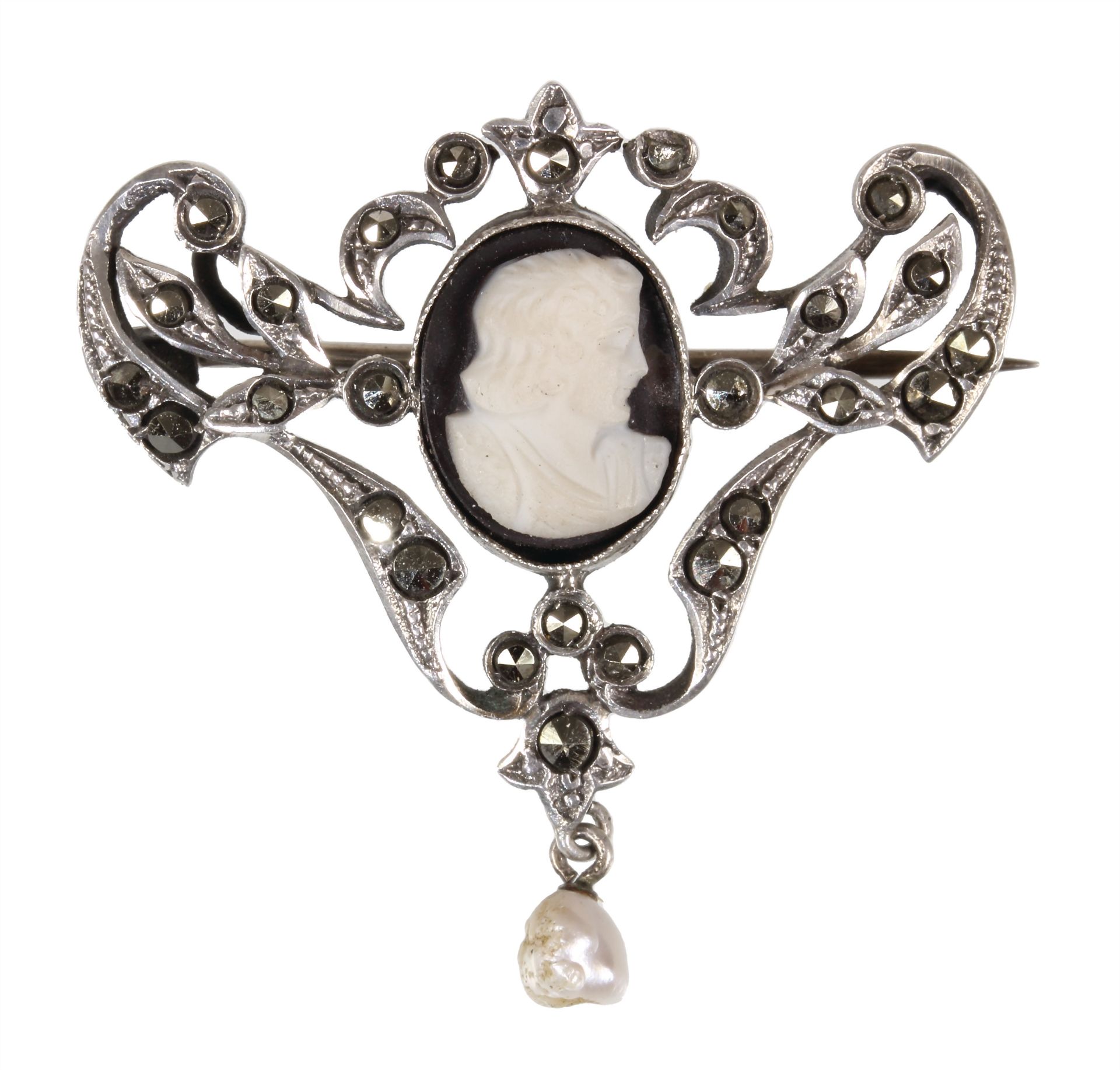 brooch late 19th century, silver 800/00, agate gem, female bust to the right, markasites ...