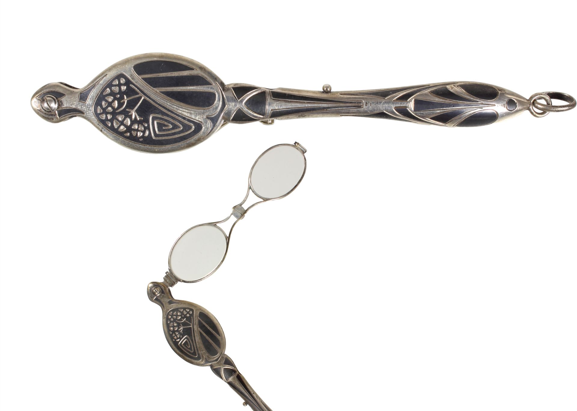 Lorgnette, JUGENDSTIL Frankreich um 1900, Silber 900/000, Flächen mit TULA ausgelegt, L = 15,8 ...