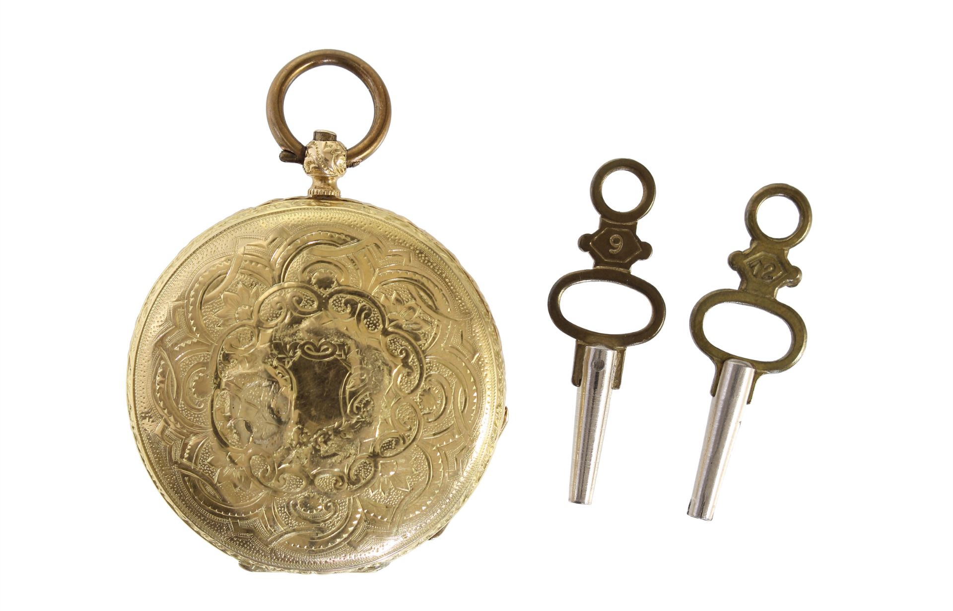 Schlüssel-Taschenuhr um 1880, GG 585/000, goldfarbenes Z-Blatt, gebl. Zeiger, röm. Zahlen, ... - Bild 2 aus 2