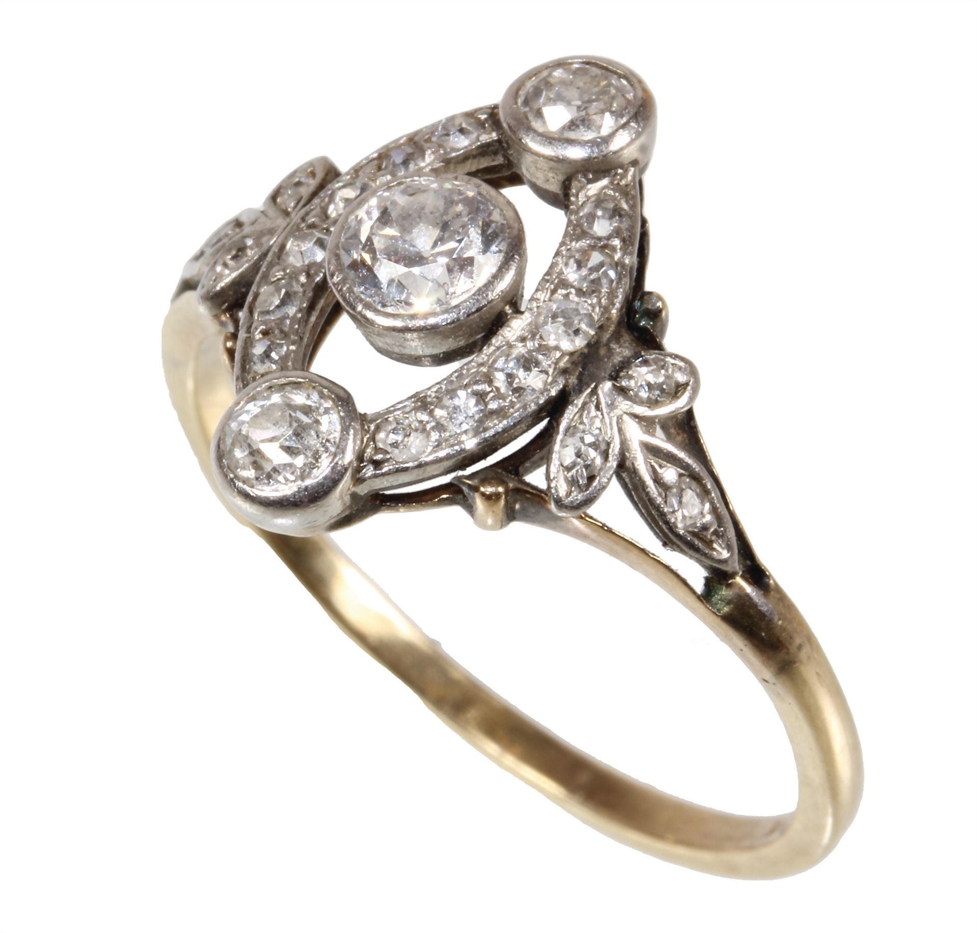 ring, ART-DECO 1920/'30s, yellow gold 585/000, central old cut-diamond c. 0.26 ct white ...