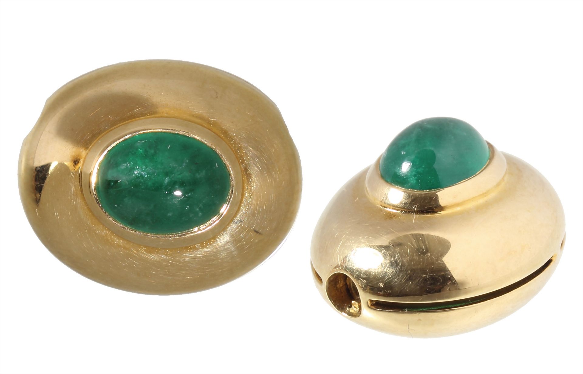 clasp, JÖRG HEINZ, yellow gold 750/000, signed JH (Jörg Heinz), 1 emerald cabochon c. 2.0 ct ...