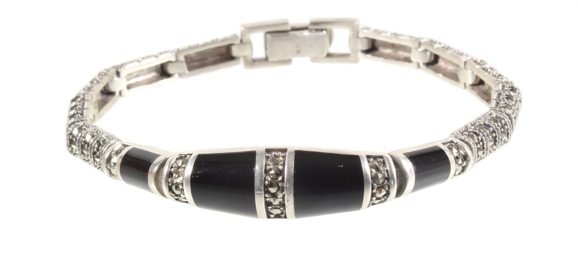 lot: bracelet and  necklace ART-DECO 1930/'40s, silver 925/000, onyx and  markasites, bracelet ... - Image 2 of 3