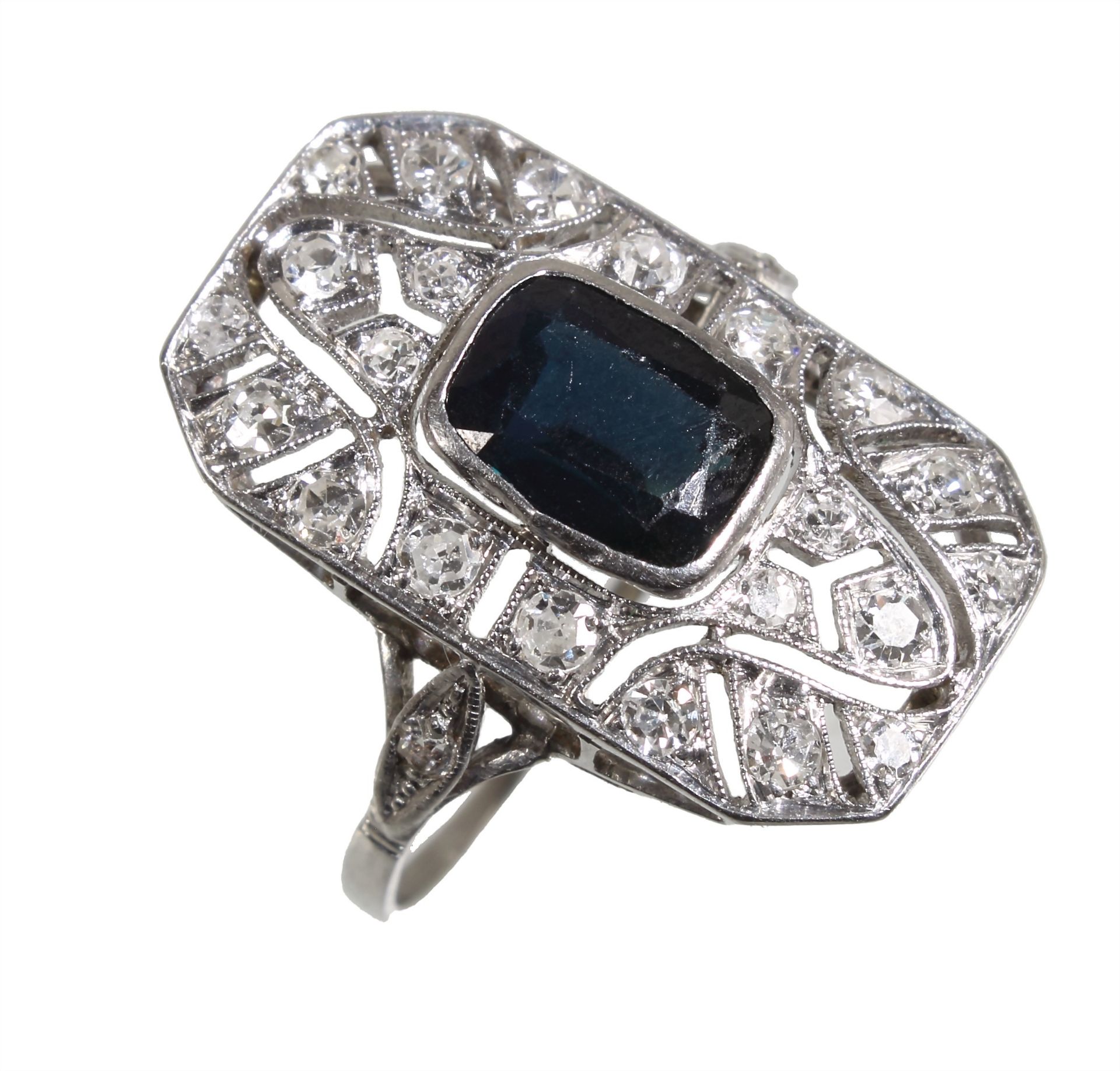 ring, American ART-DECO 1940s, white gold 585/000 (tested), central sapphire c. 1.3 ct, 24 ...