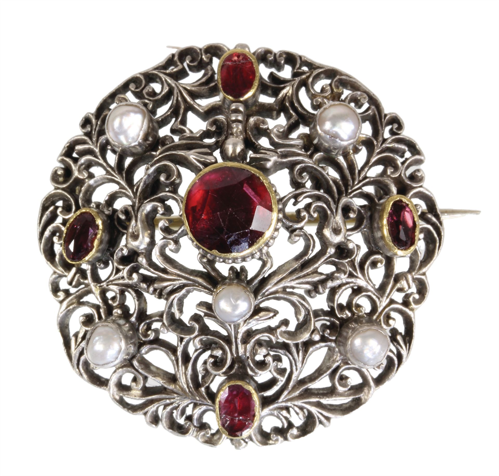 brooch 17th/18th century probably German, silver, central garnet rose, diameter  = 8.0 mm, in ...