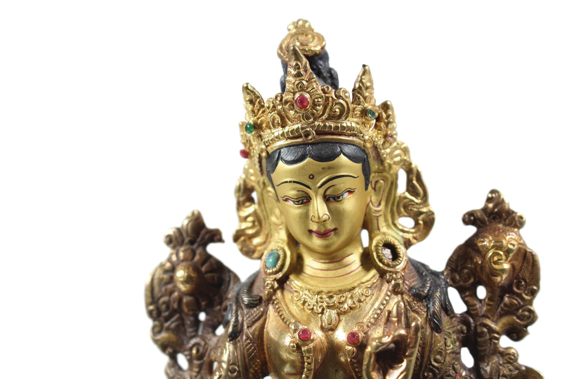 green Tara 20th century, Tibet/Nepalese deity, metal/copper ? gilded, painted face, set with ... - Image 2 of 3