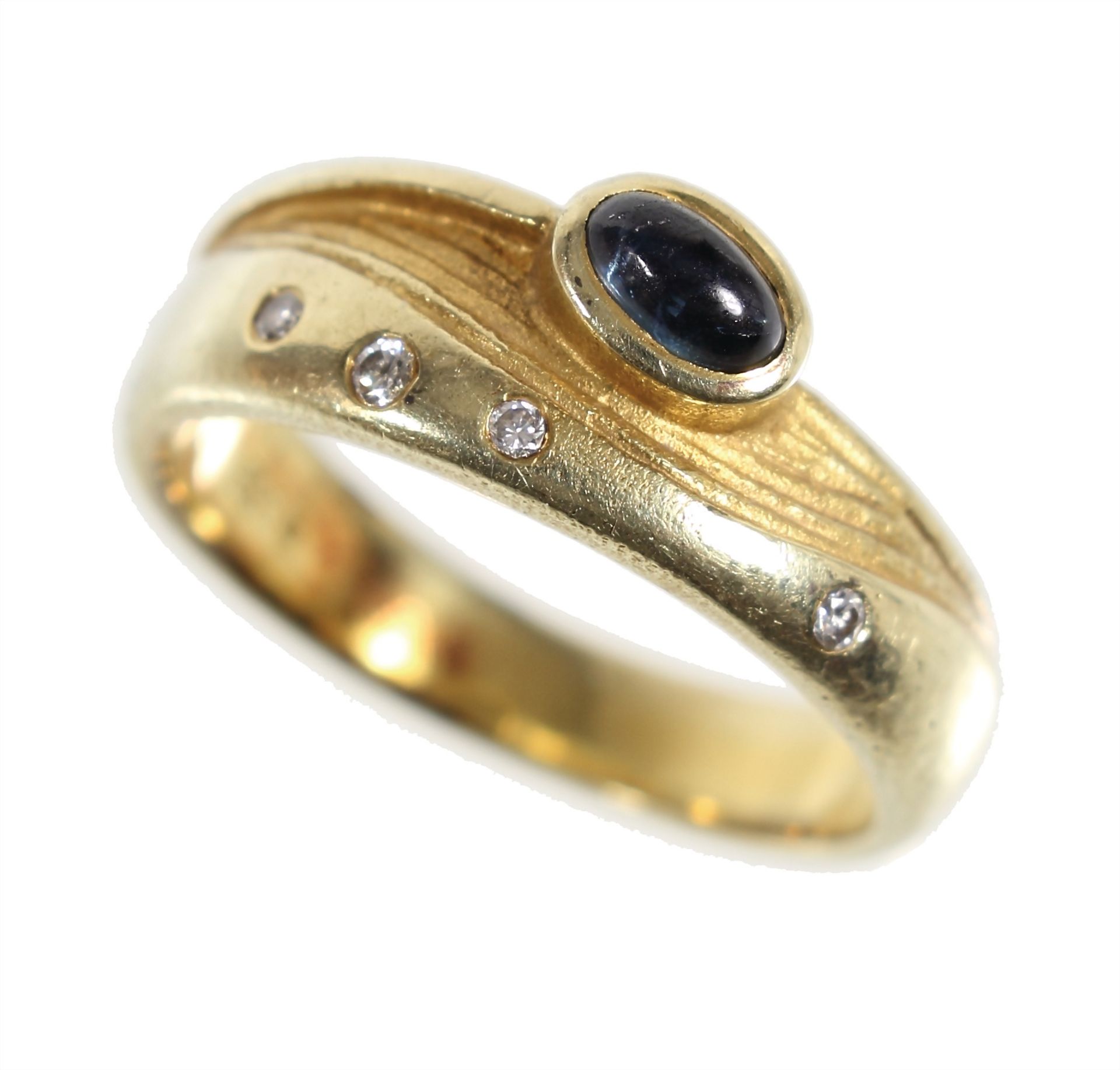 Ring, GG 585/000, 1 Saphir-Cabochon, 4 Brillanten ca. 0,04 ct tw/w-vsi, RW ca. 54,0 - Bild 2 aus 4