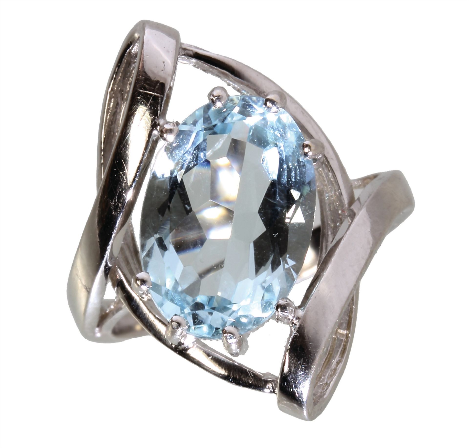 Ring, WG 585/000, ovaler Aquamarin ca. 4,2 ct (fac. ca. 13,2 x 9,3 mm), RW ca. 52, total 6,6 g - Bild 3 aus 3