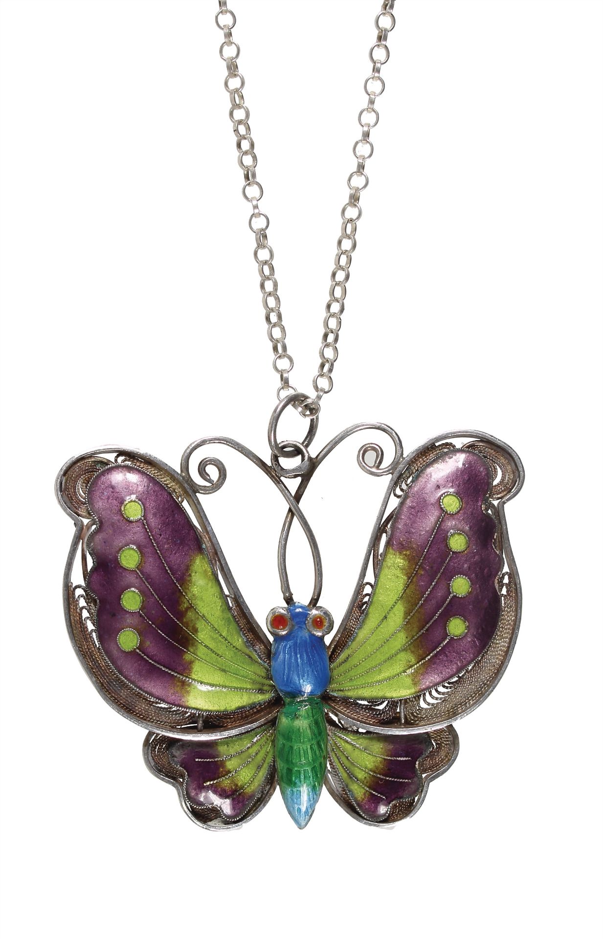 Anhänger, SCHMETTERLING, CHINA 1950/60er Jahre, SILVER, transluzides Emaille, 2 rote ...