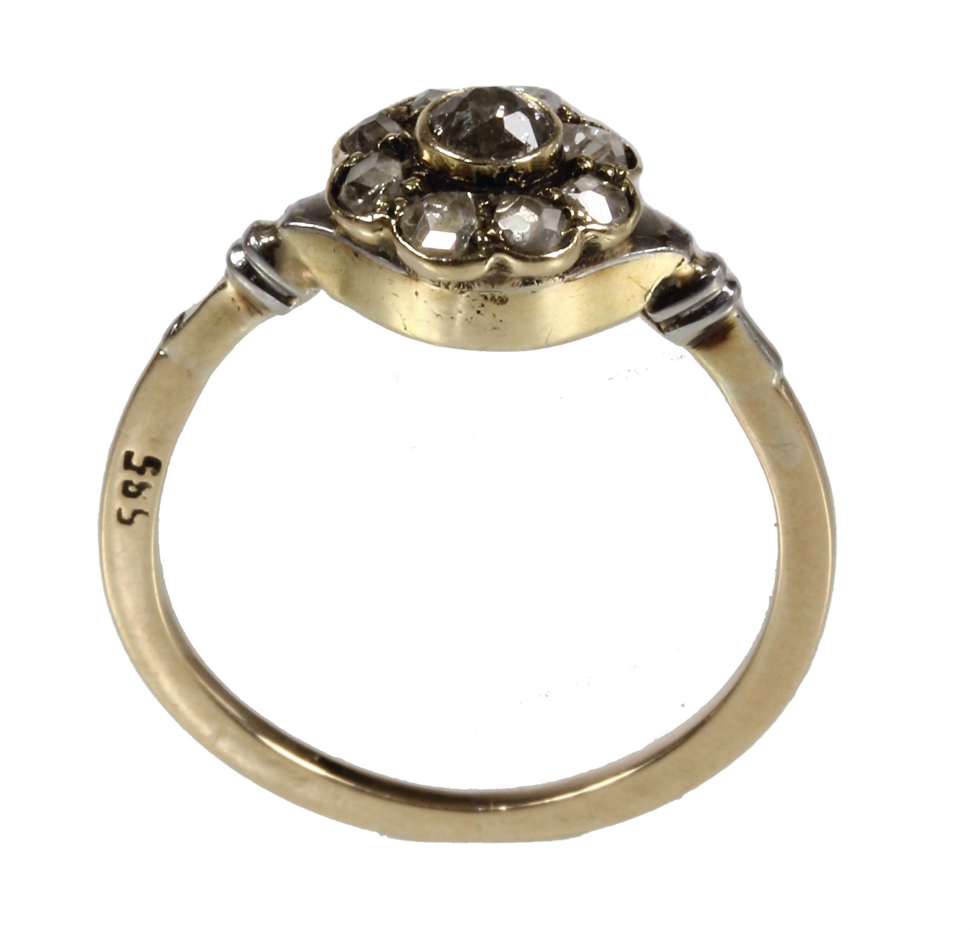 ring, early 20th century, yellow gold 585/000, 1 old cut-diamond c. 0.15 ct white, in wreath 8 ... - Image 2 of 2