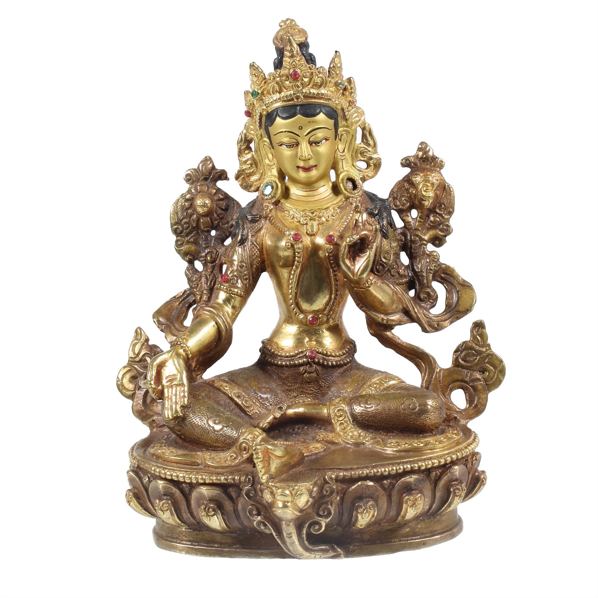 green Tara 20th century, Tibet/Nepalese deity, metal/copper ? gilded, painted face, set with ...