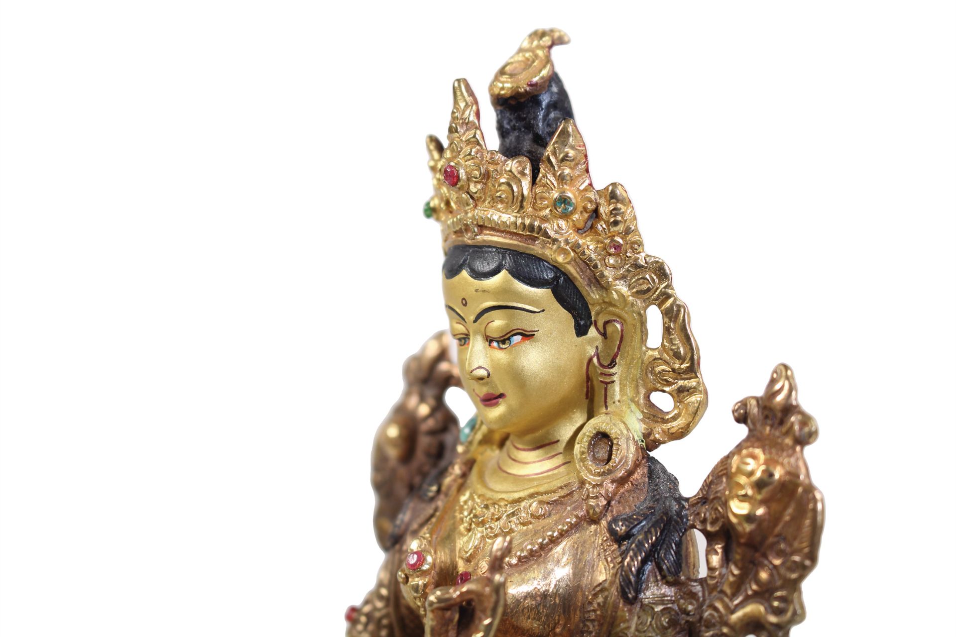 green Tara 20th century, Tibet/Nepalese deity, metal/copper ? gilded, painted face, set with ... - Image 3 of 3