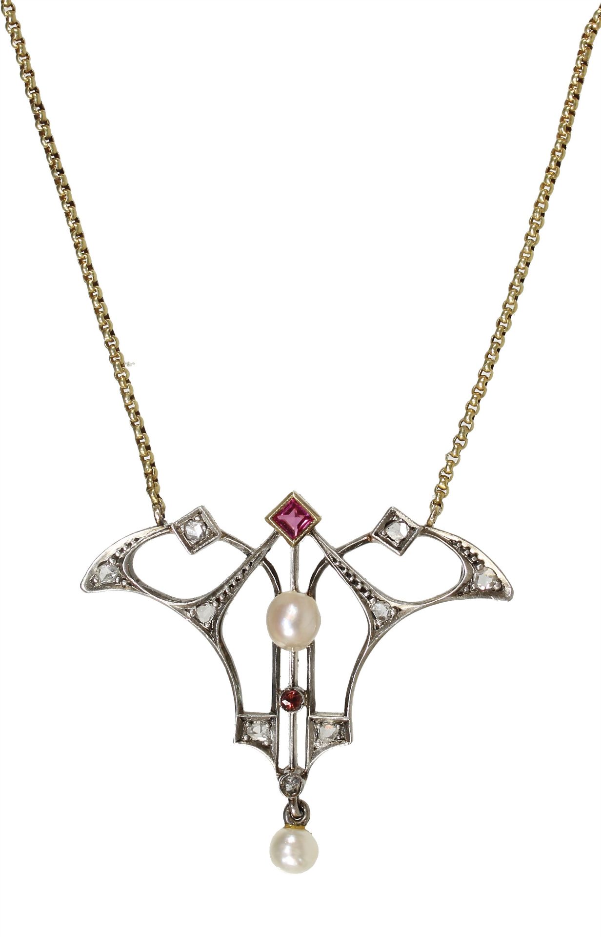 Collier/Anhänger, JUGENDSTIL um 1900, GG 750/000, zentrale Perle, darüber 1 Rubin im ...