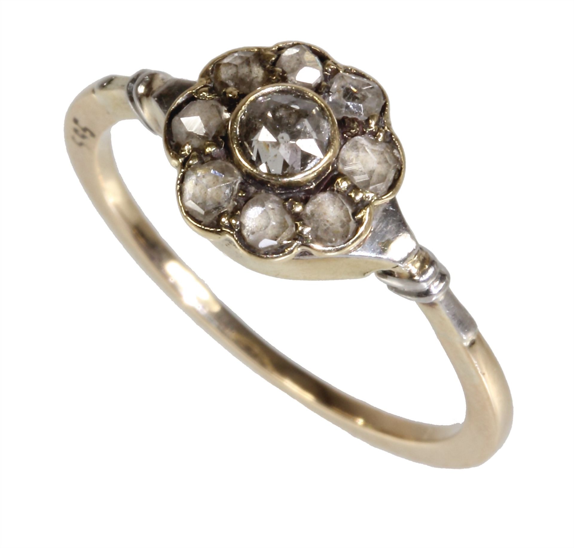 ring, early 20th century, yellow gold 585/000, 1 old cut-diamond c. 0.15 ct white, in wreath 8 ...