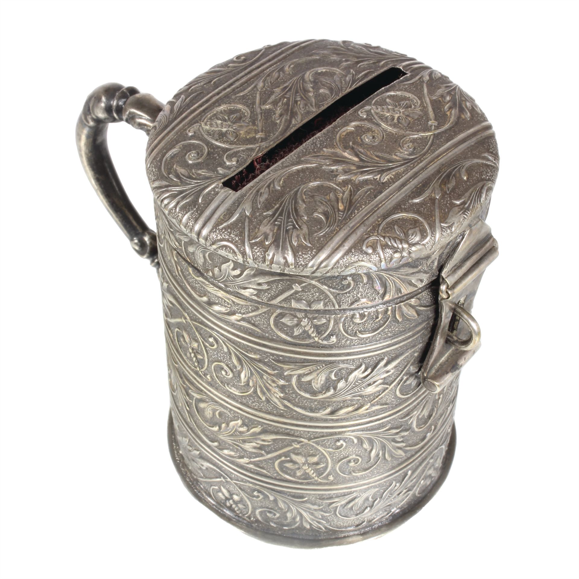 money box with handles around 1900, silver (tested), all round floral ornament, diameter  = ...