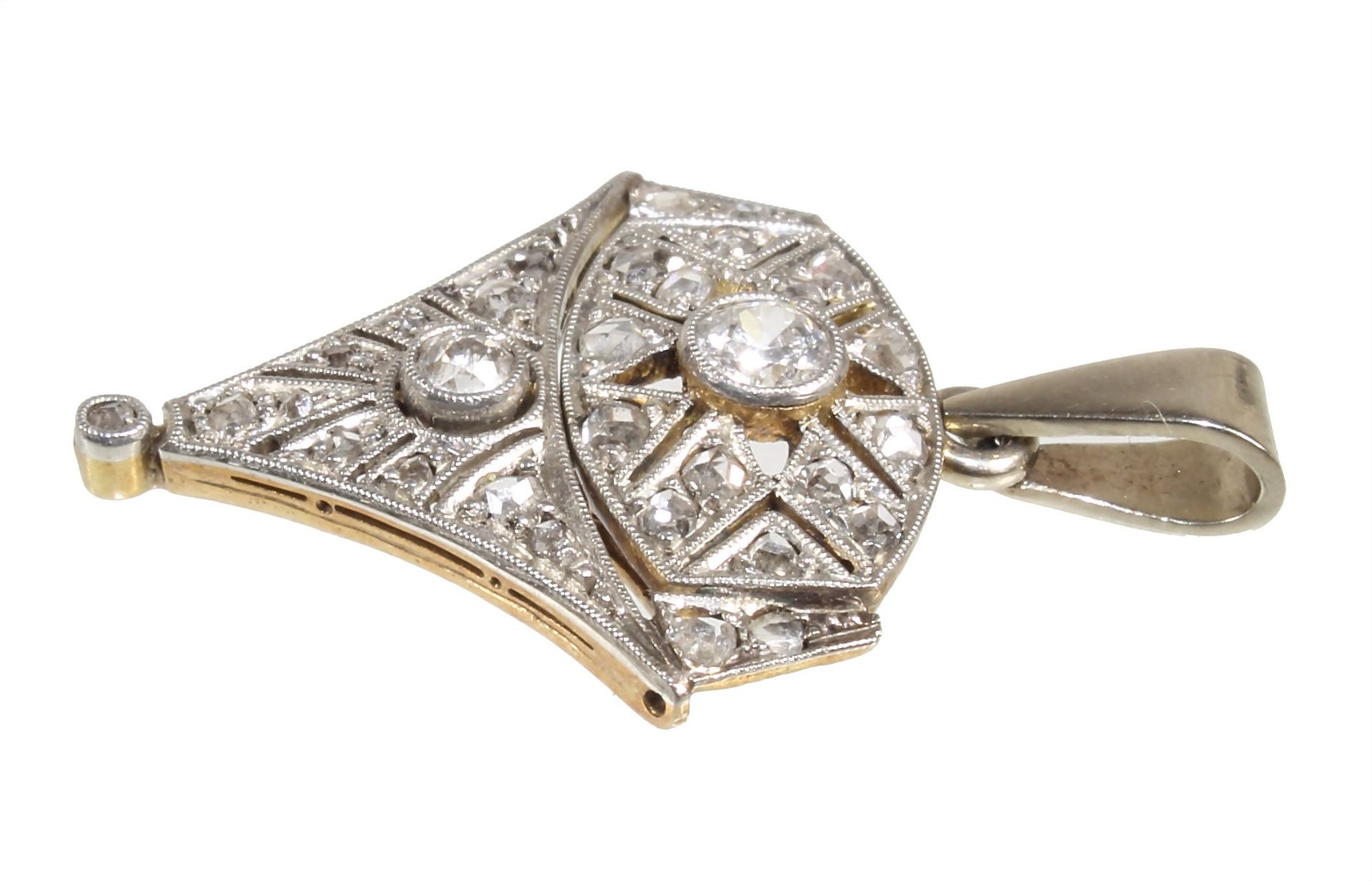 pendant, ART-DECO 1920/'30s, yellow gold 585/000 (tested), 2 central old cut-diamonds c. 0.20 ... - Image 2 of 3