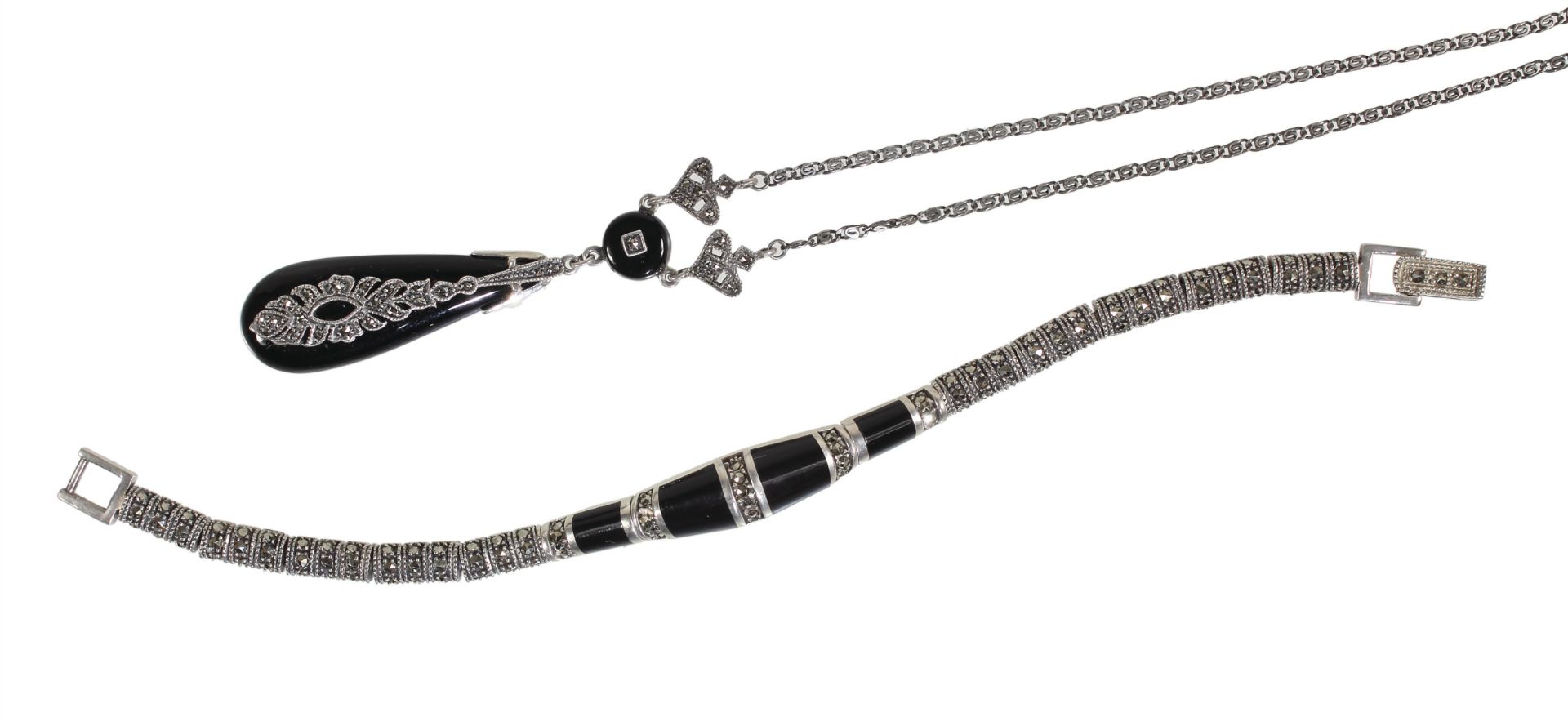 lot: bracelet and  necklace ART-DECO 1930/'40s, silver 925/000, onyx and  markasites, bracelet ...