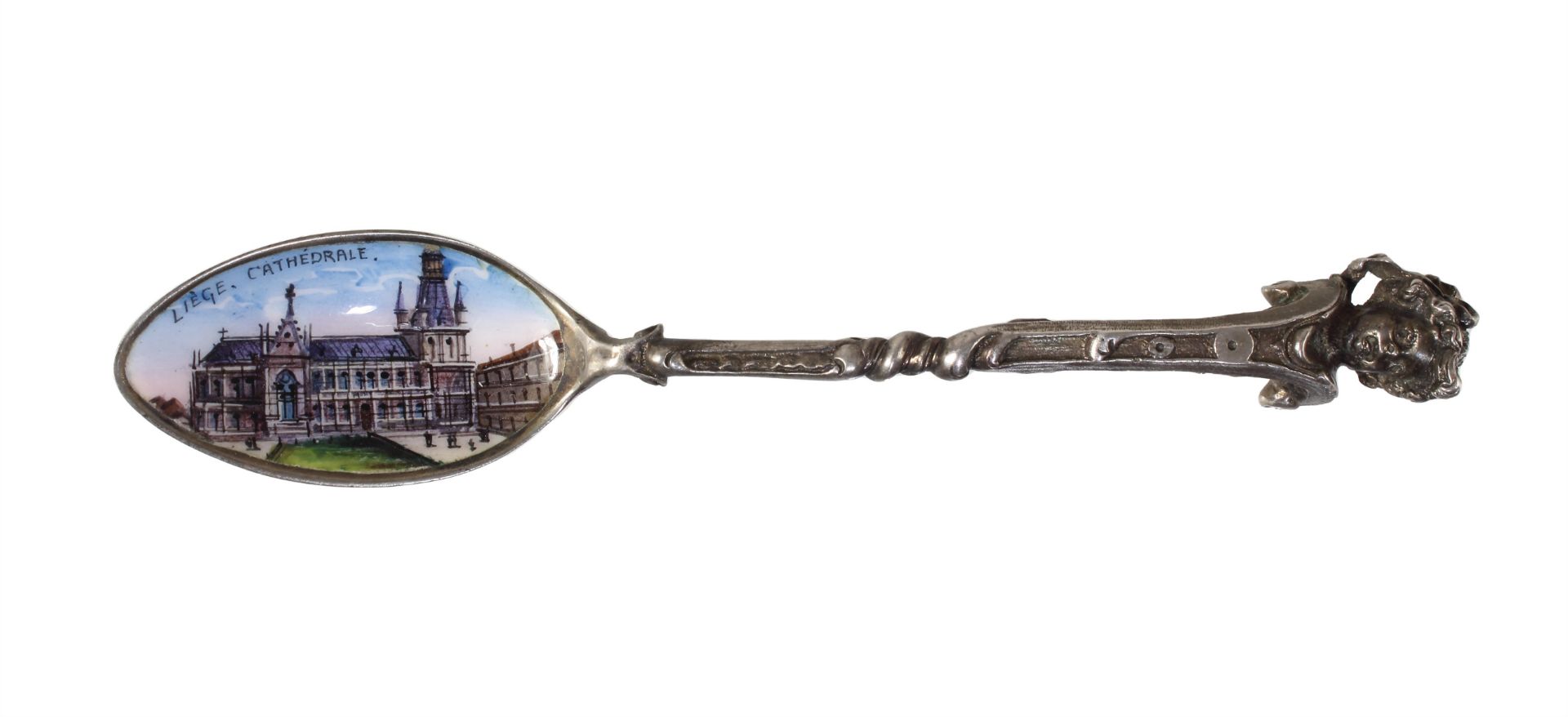 mocha spoon, Vienna around 1900, silver, signed, G.A.S. (Anton Scheid), enamel picture: LIEGE ...