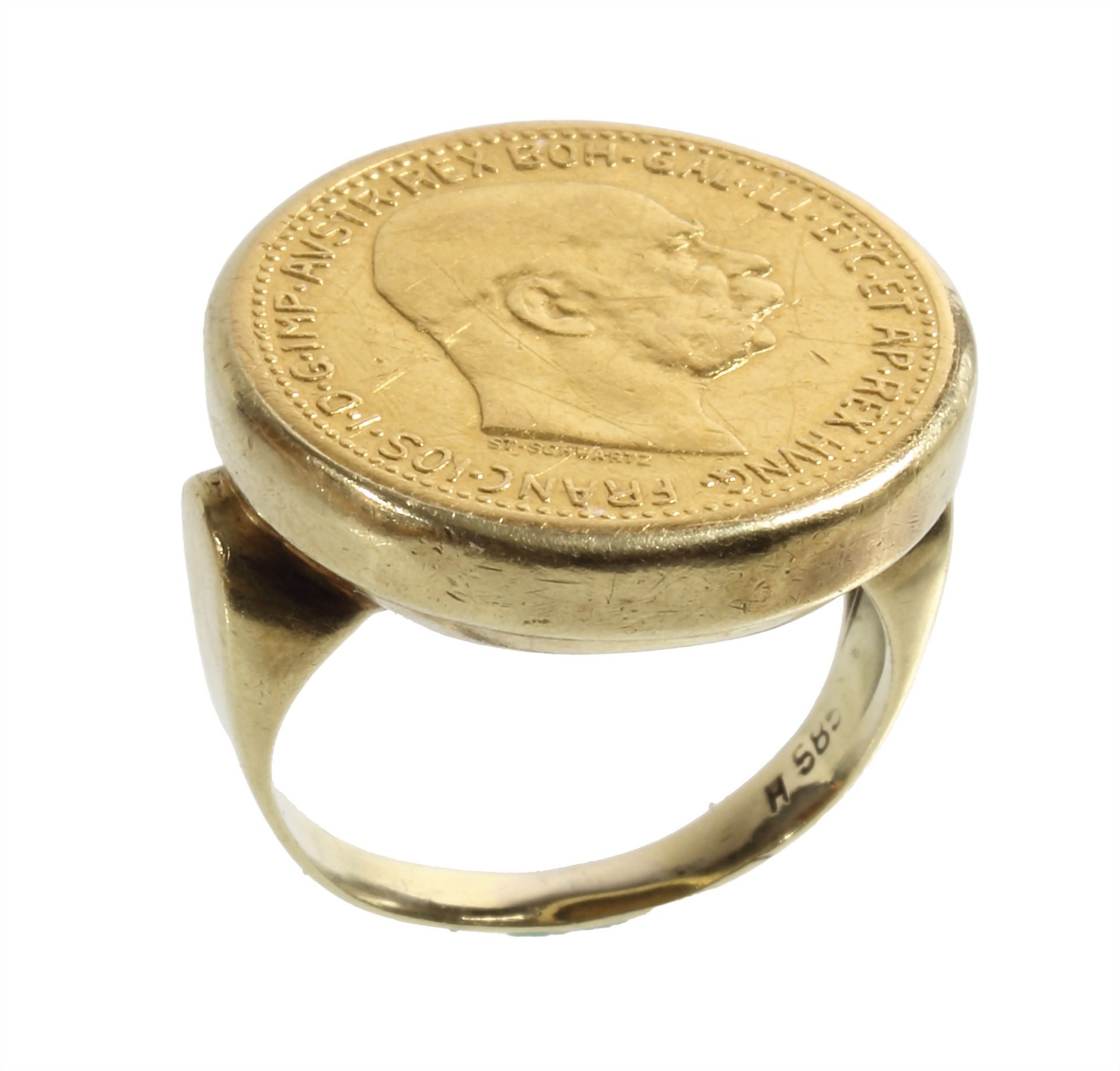 coin ring, yellow gold 585/000, gold coin, Austria 10 Kronen (yellow gold 900/000), ring width ...