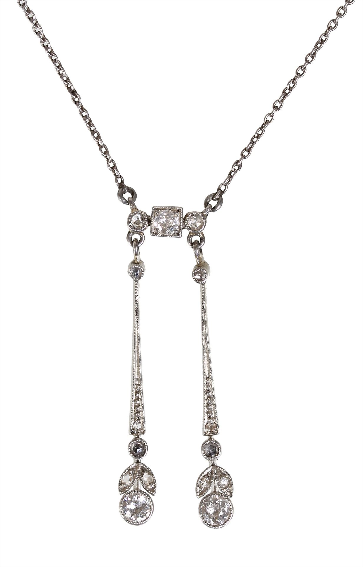 necklace around 1910/20, platinum, 2 hanging rods, 3 old cut-diamonds c. 0.36 ct white, 12 ...