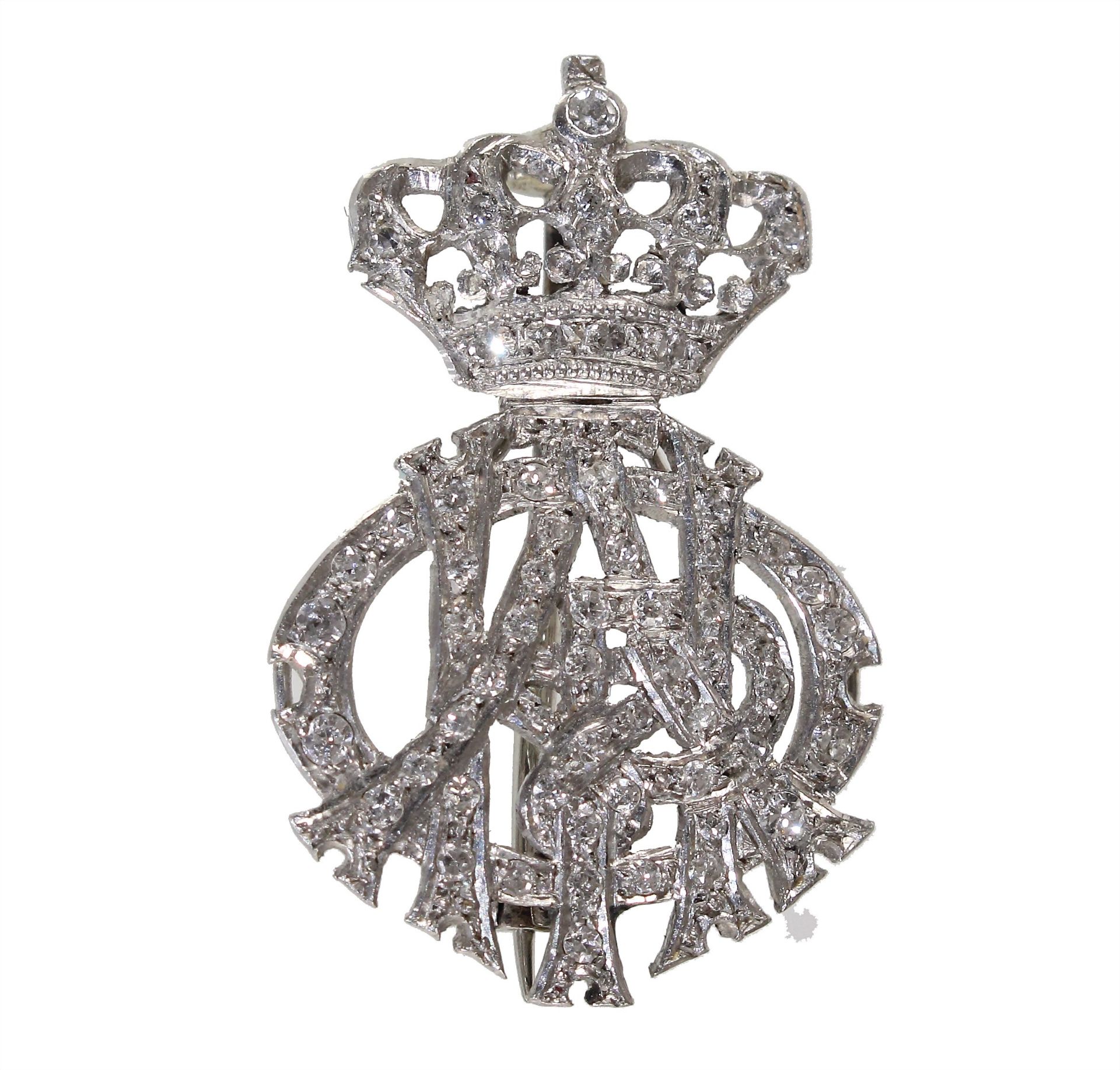 Kleine Brosche, WG 750/000, 58 Stck. 8/8-kant Diamanten weiß, Königliche Krone darunter ...