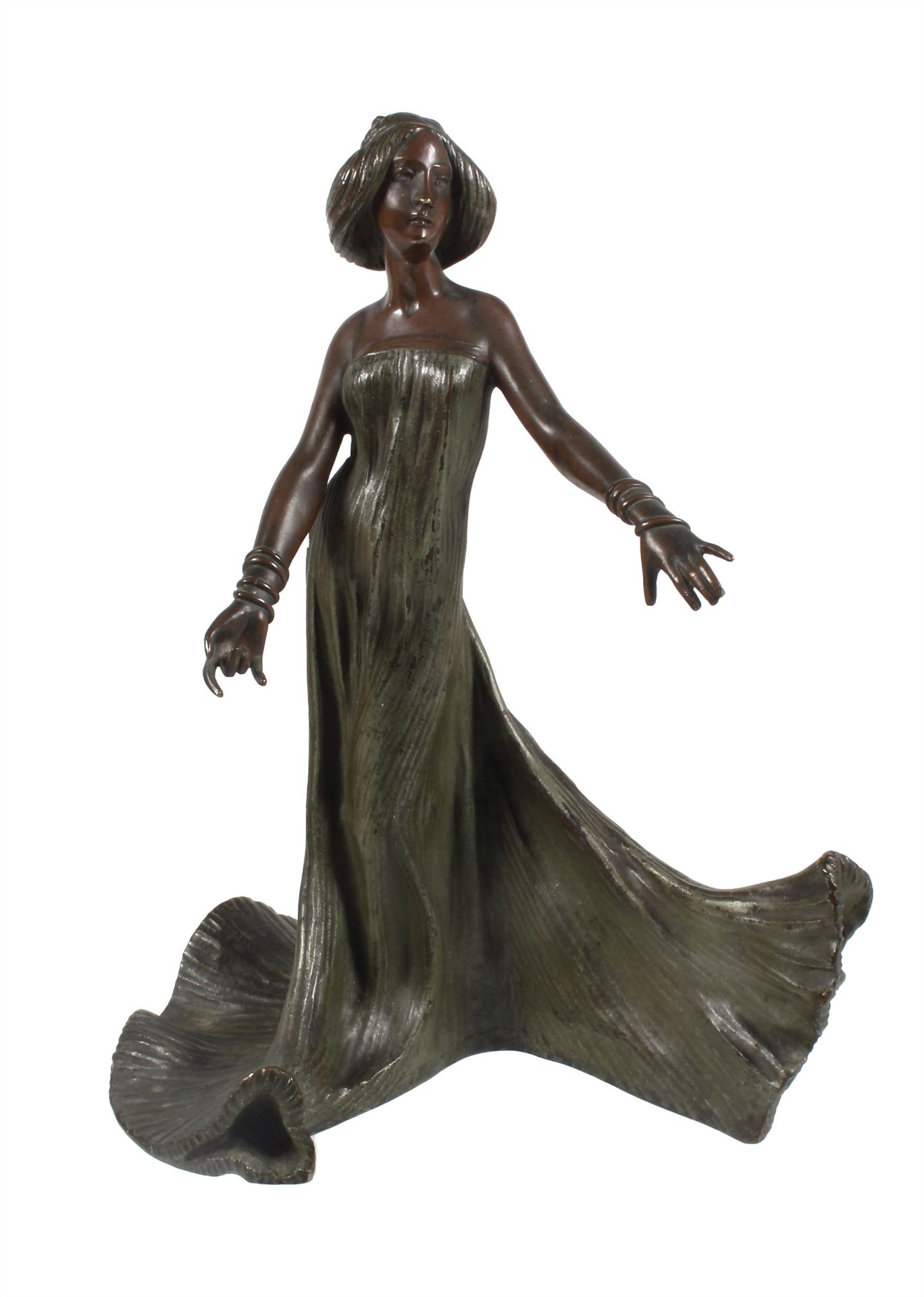 Wiener Bronze, JUGENDSTIL um 1900, Dame mit hoch gesteckten Haaren im wallenden Abendkleid, ...