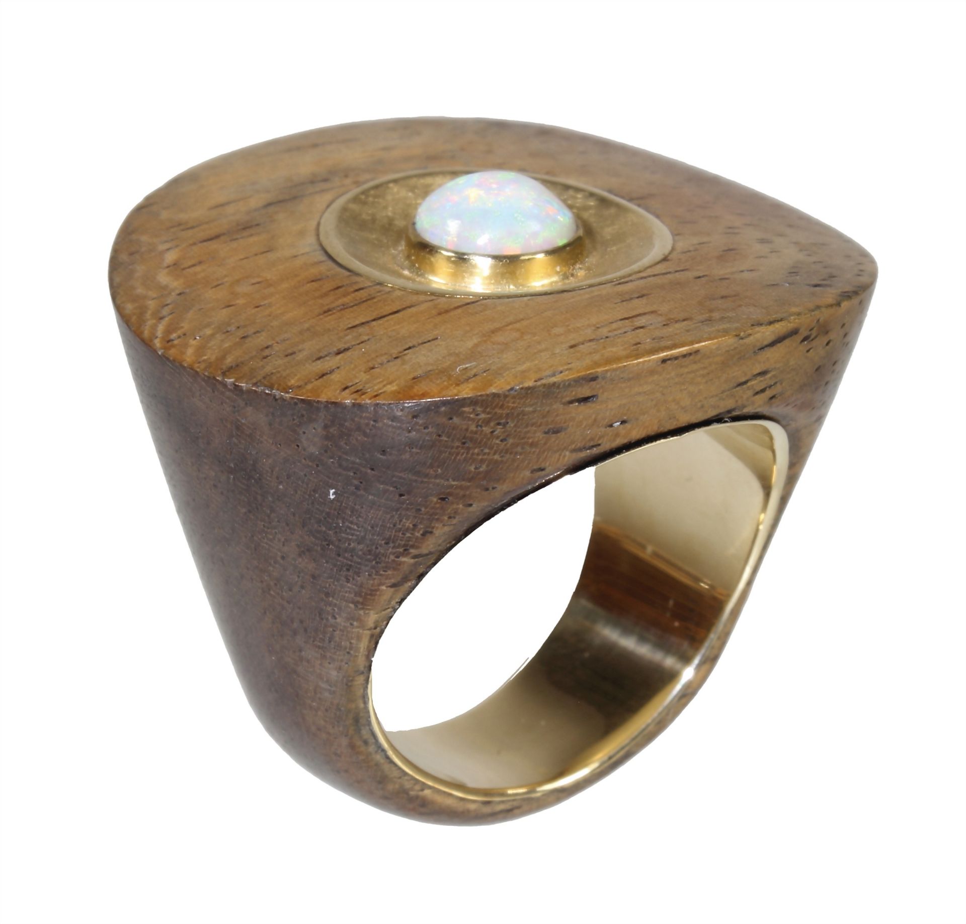 Ring, UNIKAT, GG 750/000, Opal in leuchtenden vorw. grünen Farbtönen, Holzring innen mit Gold ... - Bild 2 aus 2