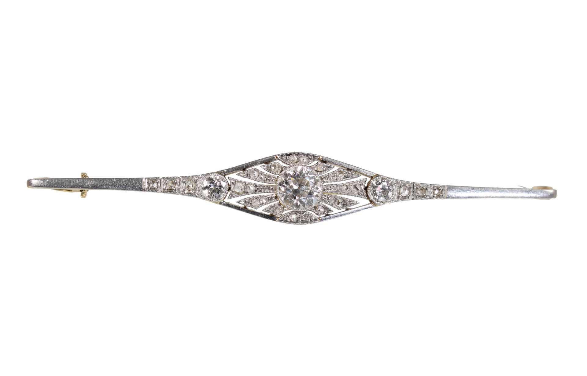 brooch, ART-DECO 1930/'40s, yellow gold 750/000, signed, central old cut-diamonds c. 0.80 ct ...