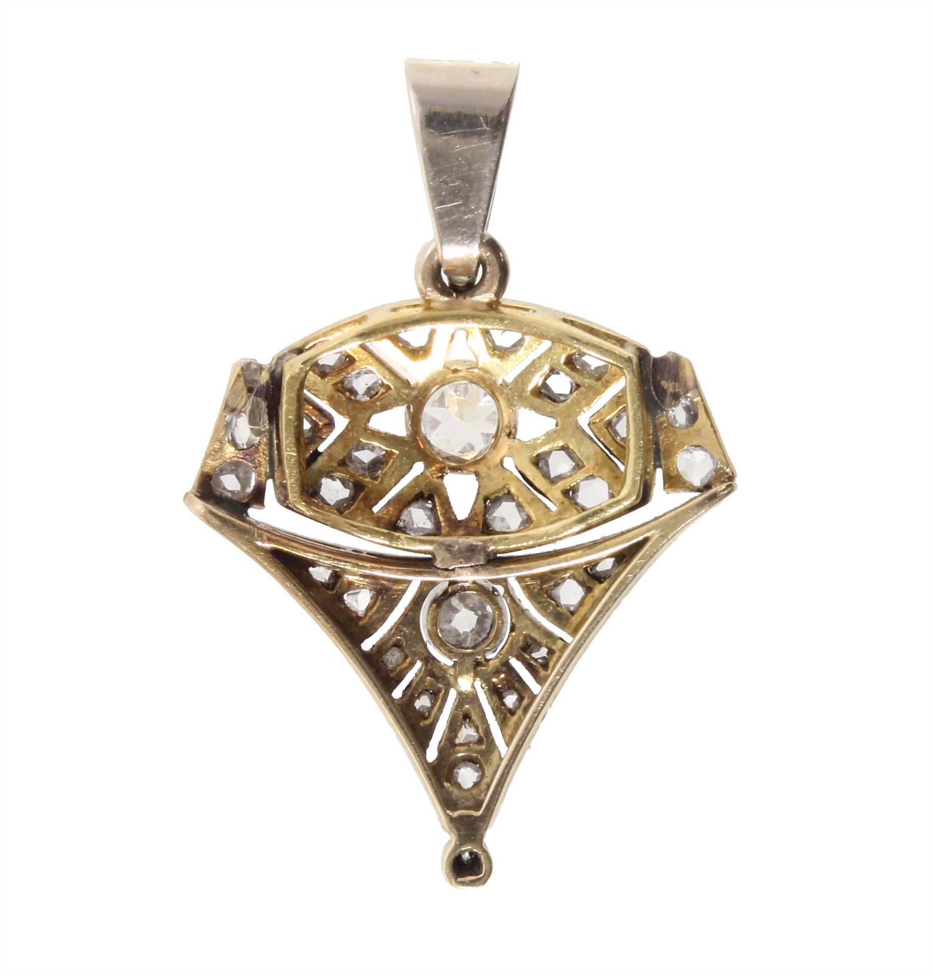 pendant, ART-DECO 1920/'30s, yellow gold 585/000 (tested), 2 central old cut-diamonds c. 0.20 ... - Image 3 of 3