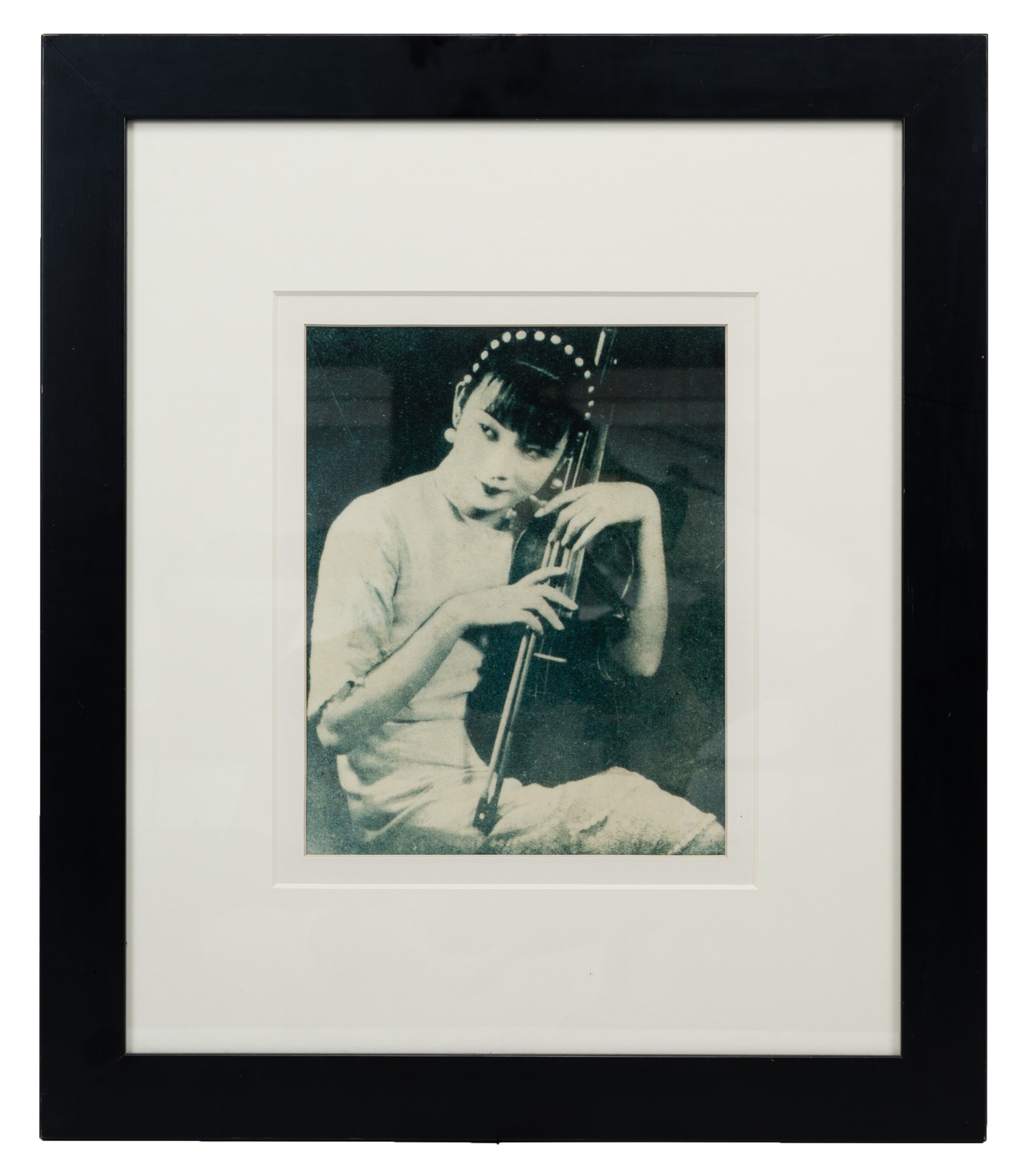 FRAMED PRINTED BLACK AND WHITE PHOTO OF A LADY HOLDING VIOLIN, 19 X 24 cm (excluding frame),