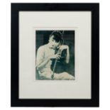 FRAMED PRINTED BLACK AND WHITE PHOTO OF A LADY HOLDING VIOLIN, 19 X 24 cm (excluding frame),