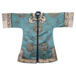 AN EARLY 20TH CENTURY CHINESE DUCK-EGG BLUE SILK EMBROIDERED ROBE. The ruyi-shaped collar, cuffs and