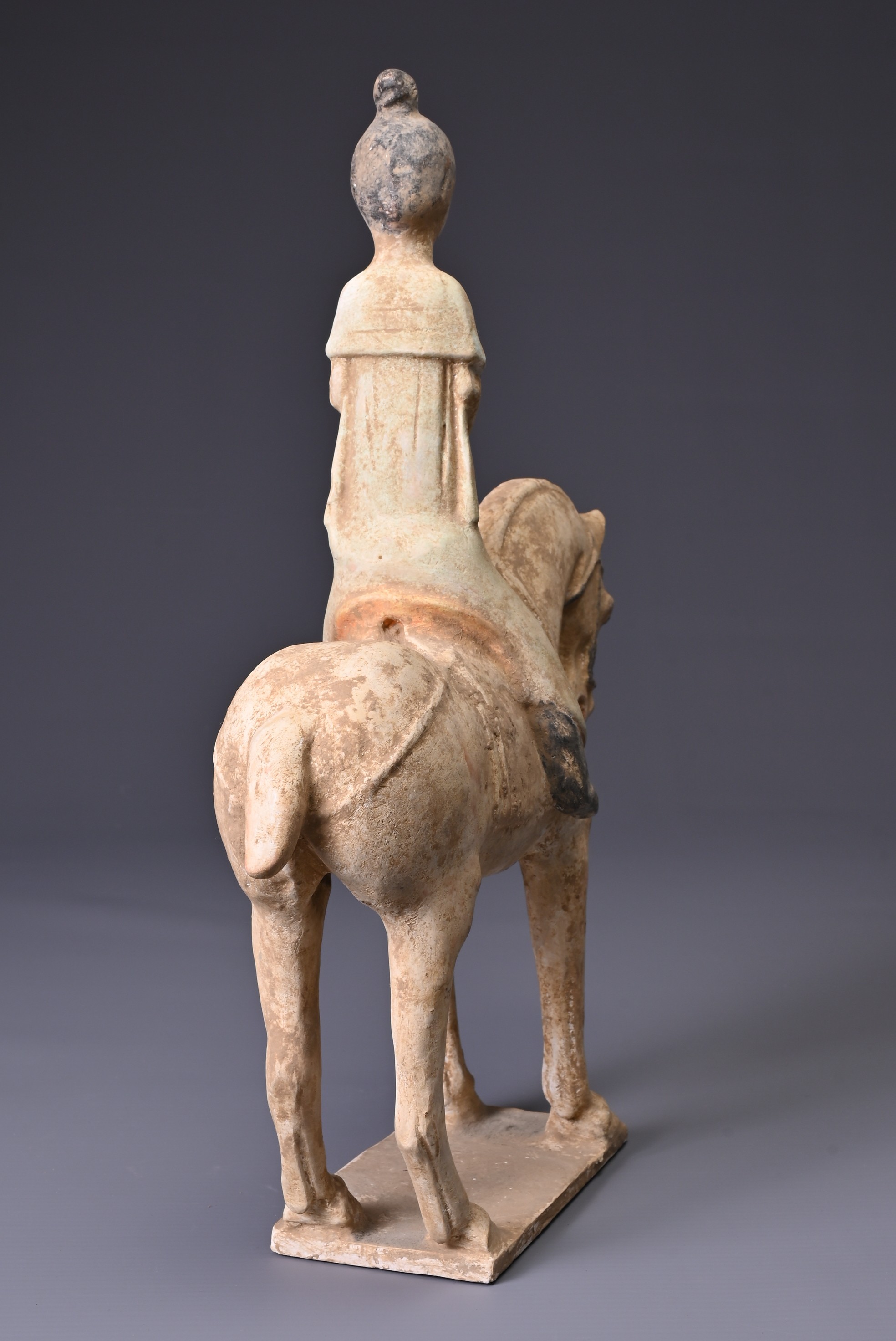 A CHINESE PAINTED POTTERY HORSE AND FEMALE RIDER, TANG DYNASTY (AD 618- 907). The horse standing - Image 3 of 6