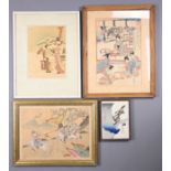 FOUR FRAMED CHINESE AND JAPANESE ARTWORKS AND PRINTS. To include: Chinese painting of a battle