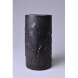 A CHINESE BAMBOO BRUSH POT, 19TH CENTURY. Of cylindrical form carved in relief with figure in boat