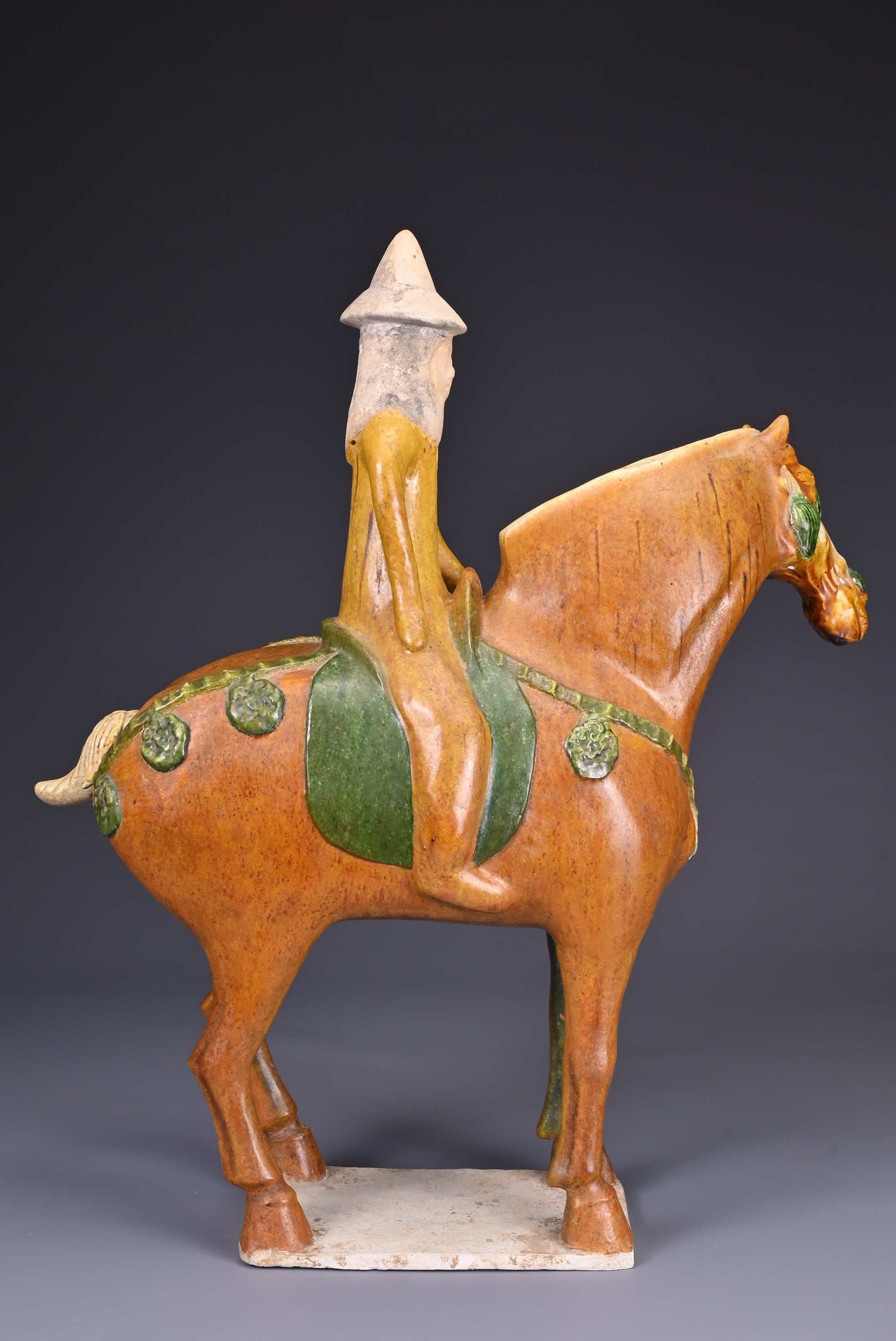 A CHINESE SANCAI GLAZED POTTERY MODEL OF A HORSE AND RIDER, TL TESTED, TANG DYNASTY (AD 618-907). - Image 6 of 8
