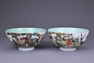 TWO CHINESE PORCELAIN BOWLS, 20TH CENTURY. Each with underglaze blue apocryphal six character