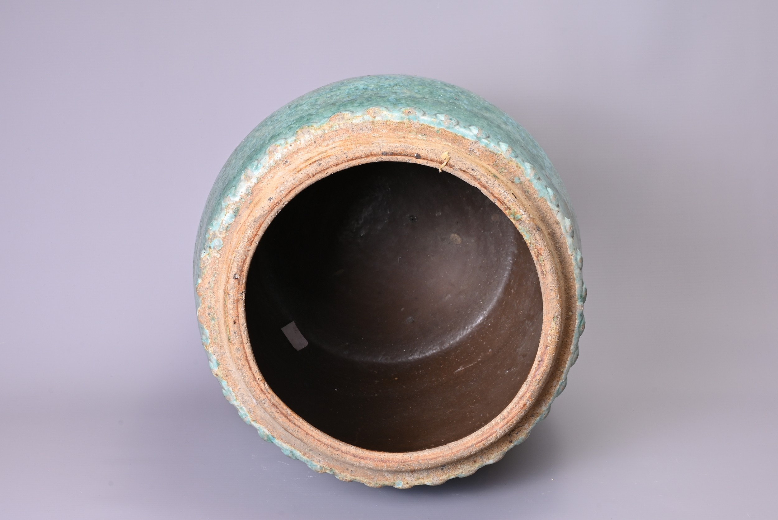 20TH CENTURY CHINESE CERAMIC POT WITH COVER, turquoise ground with crackle glazing and raised - Image 7 of 8