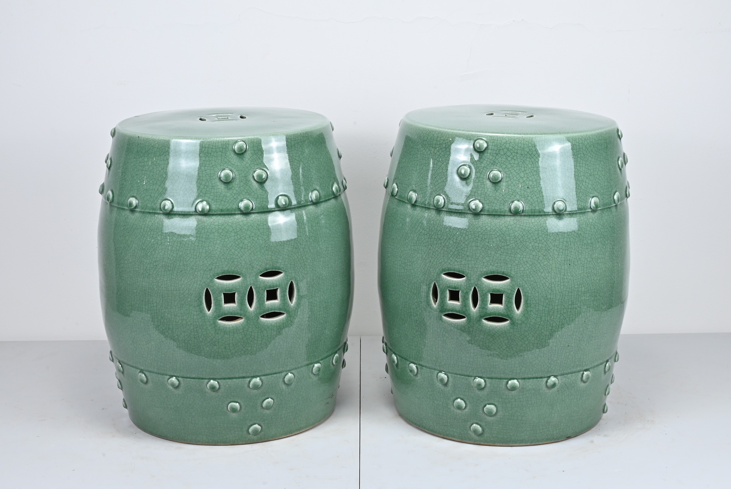 LARGE PAIR OF 20TH CENTURY CHINESE CERAMIC DRUM STOOLS, turquoise ground