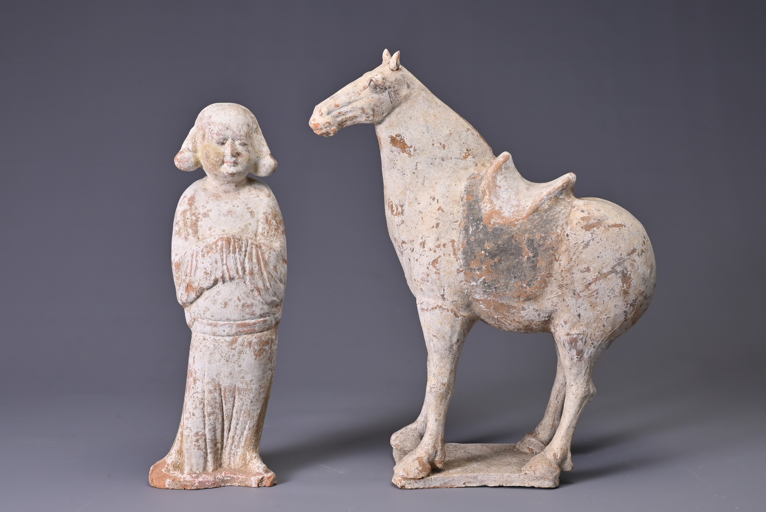 A CHINESE PAINTED POTTERY HORSE AND GROOM, TANG DYNASTY (618-907AD). Both made from a red pottery - Image 2 of 6