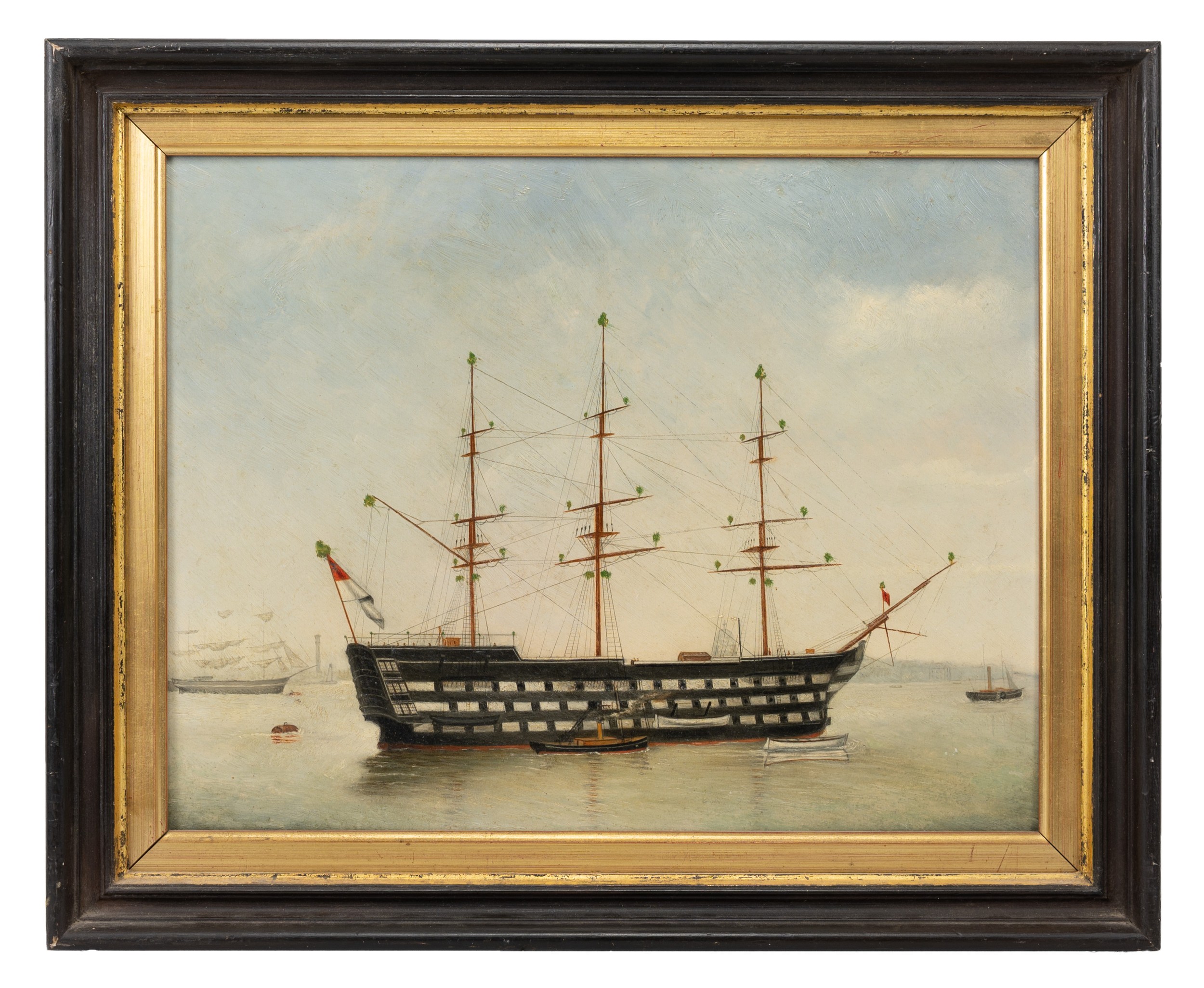 H.E. LOCKE (LATE 19TH/EARLY 20TH CENTURY), NELSON'S SHIP, THE VICTORY, OIL ON BOARD. Signed,