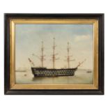 H.E. LOCKE (LATE 19TH/EARLY 20TH CENTURY), NELSON'S SHIP, THE VICTORY, OIL ON BOARD. Signed,