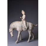 A LARGE CHINESE PAINTED POTTERY HORSE WITH A FEMALE RIDER, WITH TL TEST. The rider modelled