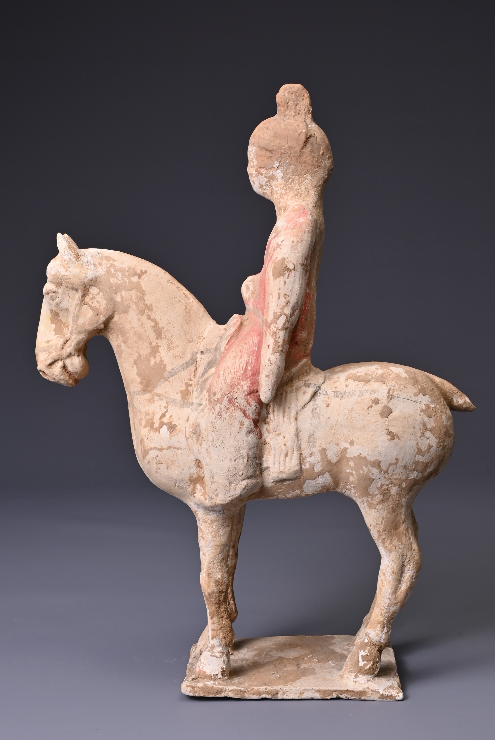 A CHINESE PAINTED POTTERY HORSE AND FEMALE RIDER, TANG DYNASTY (AD 618-907). The horse standing - Image 2 of 6